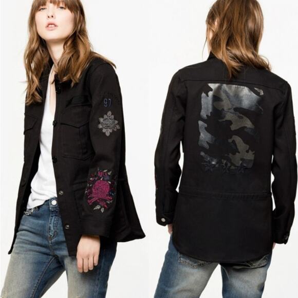 Zadig & Voltaire Tackl Military Star Camo Skull Floral Embroidered Shacket XS - Picture 3 of 11